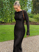 Hoobd Long Sleeve Bodycon Striped Long Dresses For Women Club Party Elegant Outfit Autumn Ruched Ruffle Sexy Y2K Clothes