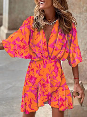 autumn Irregular Mini Dress For Women Fashion Print Casual Bohemia Style Vacation Sundress Women's Bat Sleeve Ruffles Dresses