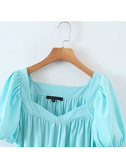 Hoobd New Women Vintage Drawstring Waist Sky Blue Dress Puff Short Sleeve Ladies Holiday Summer Casual Dress Short Vestido