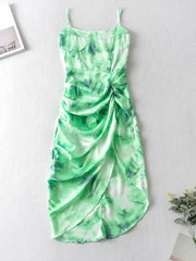 Women Vintage Yellow Tie dye Flower print Spaghetti Strap Dress Hem Slim Waist Slit Irregular Long Dresses Sling Vestido
