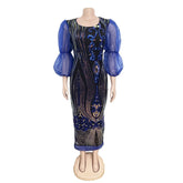 Women Party Long Dress See Through Sleeve Patchwork Sequined O Neck Evening Celebrate African Gowns Robes Birthday Wedding Guest