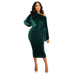 Autumn Elegant Velvet Evening Dress Women Sexy One Off Shoulder Long Sleeve Bodycon Party Midi Dress 2022 Winter Clothes