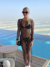 Women Fashion Sexy See-through Beach Long Dress Ladies Bright Diamond Beads Robe Female Summer Mesh Long-sleeved Dress