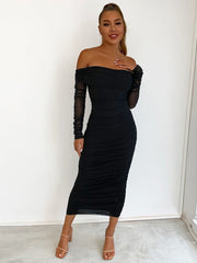 off shoulder ruched mesh bodycon dress