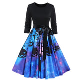 Pumpkin Ghost Star Galaxy Print Halloween Dress Long Sleeve Belted Flare Combo Dress Autumn Knee Length Casual Dress for Women