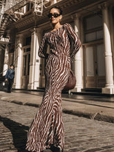 Hoobd2023 Autumn Elegant Zebra Print Maxi Dress For Women Sexy See Through Long Sleeve Bodycon Club Party Dress Spring Casual Dress