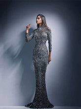 Elegant Women Turtleneck Mesh Sequin Fishtail Dresses Female Luxury Bodycon Sexy Long Sleeve Lady Evening Cocktail Prom Dress