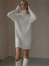 Autumn Knit Loose Turtleneck Maxi Dress Women Ribbed High Waist Fashion Elegant Dress Knitwear Long Sleeve Female Dress