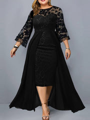 Plus Size Party Dresses for Wedding Guest Women's Fall Long Sleeve Lace Floral See Through Elegant Bodycon Dress Black