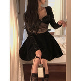 One Piece Dress Korean Ladies Black Fashion Elegant Velvet Dress Female Vintage Long Sleeve Evening Party Midi Dress