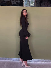 Women's Feather Cuffs Maxi Dresses Advanced Black Retract Waist Bodycon Dress 2023 Spring Temperament Ladies O Neck Clothes