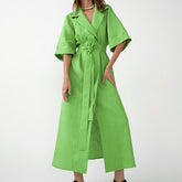 Cotton Linen Long Wrap Summer Dresses Woman Belt Lace Up Notched Office Women Dress A-Line Elegant Slit Dress Robe Femme