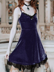Hoobd Goth Sexy Green Black Dress Women Velvet Retro Lace Aesthetic Summer Dress Harajuku Elegant High Waist A Line Dresses