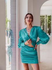 Hoobd Sexy deep v neck bodycon dress Party club hollow out mini dress Elegant winter autumn chic lantern sleeve satin dress