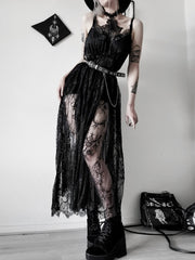 InsDoit Gothic Summer Sexy Black Dress Women Lace See Through Halter Bandage Sleeveless Dress Elegant Partywear Club Long Dress
