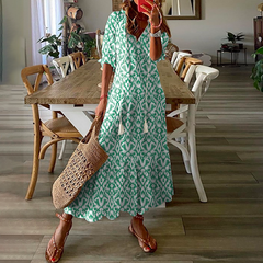 Women'S Half Sleeve Floral Print V Neck Casual Geometric Maxi Dress