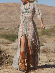 Western Style Boho Print Slit Maxi Dress