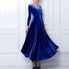Elegant Solid Long Sleeved V-neck Velvet Maxi Dresses