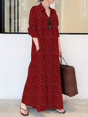 Vintage Printed Lapel Long Sleeve Shirt Maxi Dress