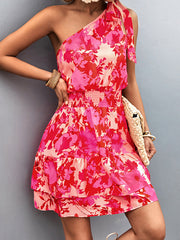 A-Line Sleeveless Elasticity Flower Print Split-Joint Tied Tiered One-Shoulder Mini Dresses