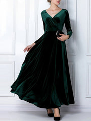 Elegant Solid Long Sleeved V-neck Velvet Maxi Dresses