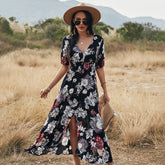 Summer Sexy Floral Print Dress Women Casual High Waist V-Neck Dress Women Split A-Line Dress Vestidos Femme Dress Outwear