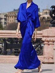 Half Sleeves Loose Solid Color V-Neck Maxi Dresses