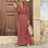 Winter Autumn Fashion Women V Neck Print Long Dress Casual Irregular Long Sleeves Dress Elegant Bohemian Streetwear Party Dress
