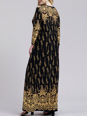 Long Sleeves Plus Size Printed Split-Joint Round-Neck Maxi Dresses