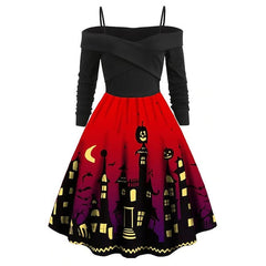 Women's Halloween Dress Retro 1950s Vintage Dress Midi Dress Party Ruched Ruffle Pumpkin Spaghetti Strap Long Sleeve Regular Fit Fall Winter 2023 Black Red S M L XL