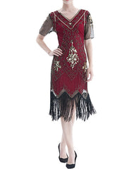Women's Halloween Dress Retro 1920s Fringe Dress Midi Dress Party Outdoor Sequins Tassel Fringe Floral V Neck Short Sleeve Regular Fit Summer Spring 2023 Black Golden S M L XL