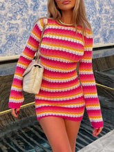 Long Sleeves Skinny Backless Contrast Color Tied Round-Neck Mini Dresses Sweater Dresses