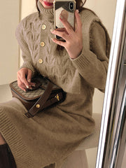 Original Stylish Buttoned Shawl High-Neck Long Sleeves Sweater Dress