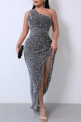Dark Gray Sexy Formal Solid Sequins Patchwork Backless Slit One Shoulder Evening Dress Dresses