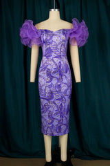 Purple Fashion Sexy Print Patchwork Slit Off the Shoulder Evening Dress