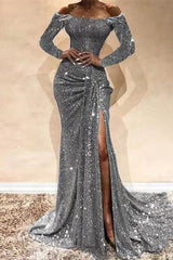 Deep Blue Sexy Formal Solid Patchwork Slit Off the Shoulder Evening Dress Dresses