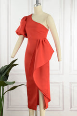 White Elegant Solid Patchwork Flounce Asymmetrical Oblique Collar Evening Dress Dresses