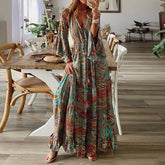Women's Boho Floral Pattern Flared Sleeve Maxi Dress