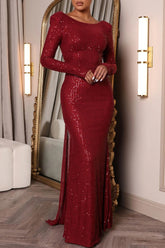 Burgundy Sexy Formal Solid Sequins Patchwork Backless O Neck Evening Dress Dresses