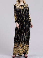 Long Sleeves Plus Size Printed Split-Joint Round-Neck Maxi Dresses