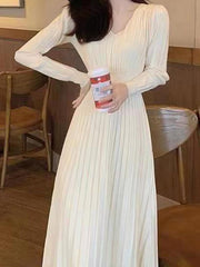 A-Line High Waisted Pleated Solid Color V-Neck Midi Dresses Sweater Dresses