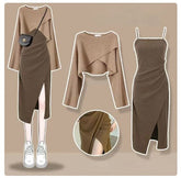 Elegant Two-piece Dress Set, Textured Crop Top & Plaid Aline Swing Dress Outfits, Women's Clothing