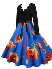 Women's Halloween Dress A Line Dress Knee Length Dress Black Blue Purple Pink Red Long Sleeve Pumpkin Bat Print Pumpkin Spider Print Fall Winter V Neck Hot Vintage Slim 2023 S M L XL XXL 3XL