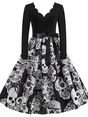 Women's Halloween Dress A Line Dress Knee Length Dress White Blue Orange Long Sleeve Print Pumpkin Ghost Patchwork Bow Print Fall Winter V Neck Hot Elegant Vintage Slim 2023 S M L XL XXL