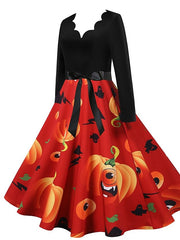 Women's Halloween Dress A Line Dress Knee Length Dress Black Blue Purple Pink Red Long Sleeve Pumpkin Bat Print Pumpkin Spider Print Fall Winter V Neck Hot Vintage Slim 2023 S M L XL XXL 3XL