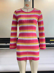 Long Sleeves Skinny Backless Contrast Color Tied Round-Neck Mini Dresses Sweater Dresses