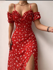Women'S Off Shoulder Frilly Suspender Dress Party Summer Ladies Short Sleeve V-Neck Split Mid-Length Dress Floarl A-Line