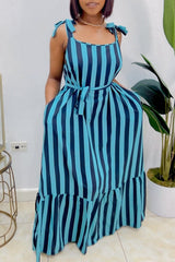 Black Casual Sweet Daily Simplicity Striped Patchwork With Belt Contrast Spaghetti Strap Dresses