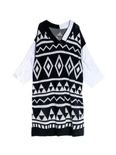 Long Sleeves Loose Contrast Color Diamond-Patterned Split-Joint Lapel Midi Dresses Sweater Dresses