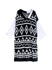 Long Sleeves Loose Contrast Color Diamond-Patterned Split-Joint Lapel Midi Dresses Sweater Dresses